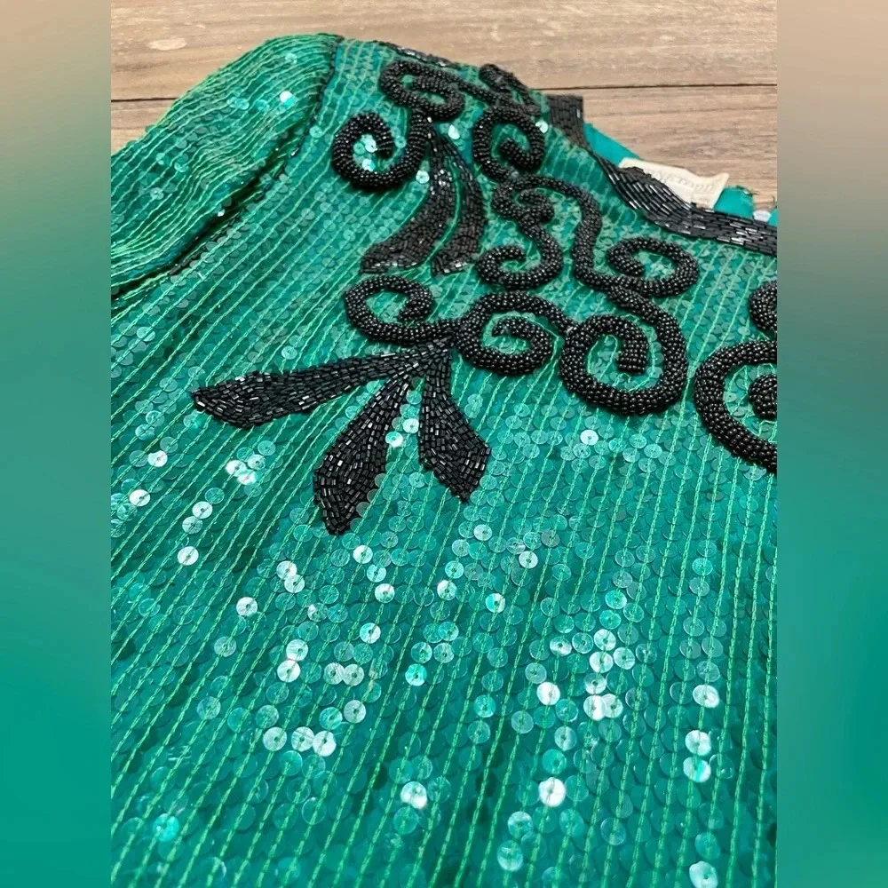 Vintage Justine Todd 100% Silk Green Beaded Sequin Top Size XS Petite Party Fest